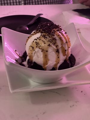 Chocolate brownie with coconut ice creamm  at P.S. Kitchen in New York City