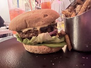 P.S. burger with gluten free bun and truffle fries.  at P.S. Kitchen in New York City