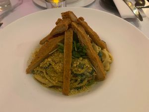 Linguini Alfredo with "chicken" at P.S. Kitchen in New York City