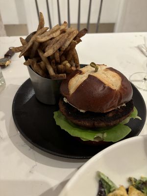 Black and bleu burger. Delicious! My partner said the fries weren’t good but I disagreed   at P.S. Kitchen in New York City
