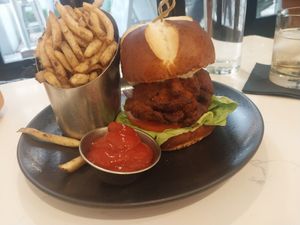 Buffalo mushroom sandwich and truffle fries at P.S. Kitchen in New York City