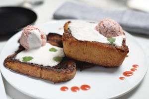 French Toast!  strawberry-rhubarb compote, strawberry butter and coconut whip cream at P.S. Kitchen in New York City