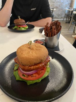 Chicken thai gluten free burger and sweet potato fries   at P.S. Kitchen in New York City