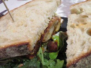 Spicy "chicken" sandwich at P.S. Kitchen in New York City