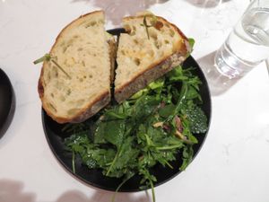 spicy "chicken" sandwich at P.S. Kitchen in New York City