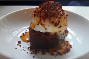 Brownie with coconut ice cream at P.S. Kitchen in New York City