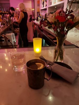 Hot apple cider drink (zero alcohol) at P.S. Kitchen in New York City