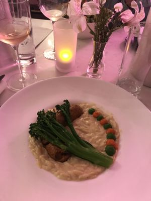 Orzo Alfredo with bratwurst sausage  at P.S. Kitchen in New York City