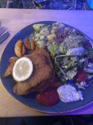 Vegan Schnitzel, fries and salad...Amazing flavor and freshness! at P.S. Kitchen in New York City