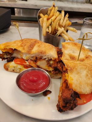 BBQ maitake with s/o truffle fries at P.S. Kitchen in New York City