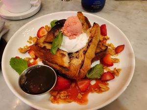 French toast with strawberries at P.S. Kitchen in New York City