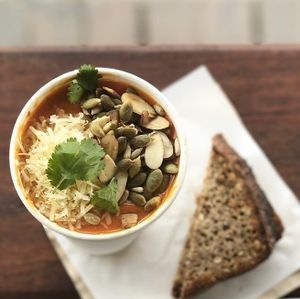 Ginger Tomato Soup with epic toppings!  at Dripping Bowl - Food Trailer in Wanaka