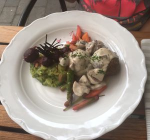 vegan burgers with cream sauce at Ulla Winbladh in Stockholm
