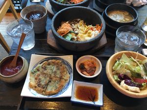 Vegetarian set bi bim bap. Dolsot hot pot style for up charge yum. All vegetarian. Great value.  at Minari in Kyoto