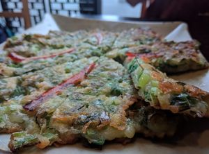 Big green onion pancake! at Minari in Kyoto