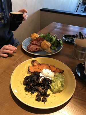 Mushrooms, avo smash, sweet potato and poached egg  at Zenith in Porto