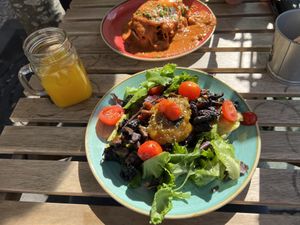 The vegan toast with orange juice   at Zenith in Porto