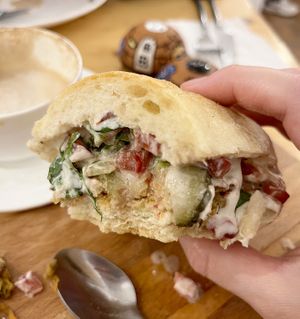 Inner world of baked falafel in ciabatta at Crumbs Bread Factory - Mesrop Mashtots in Yerevan