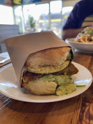 Tofu egg, tempeh, biscuit breakfast sandwich   at Seabirds Kitchen in Long Beach