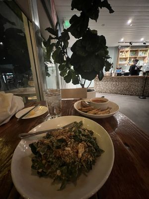 Caesar and grilled cheese with tomato soup  at Seabirds Kitchen in Long Beach