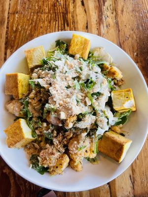 Tofu on the warm kale Caesar saladd  at Seabirds Kitchen in Long Beach
