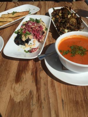 Grilled Cheese, purple taquitos, burnt bussel sprouts, and tomatoe soup at Seabirds Kitchen in Long Beach
