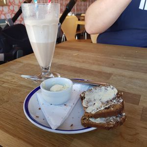 Vegan seed cake and vegan oat mint chocolate milkshake at Fig & Olive in Stranraer