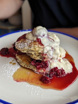 Vegan pancakes with berries and vegan yogurt  at Fig & Olive in Stranraer