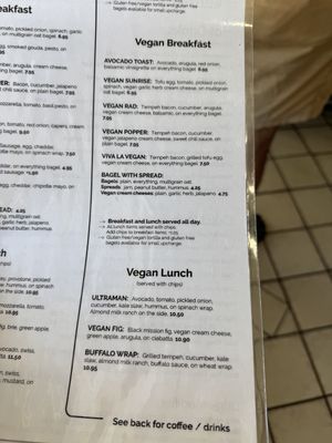 The vegan menu  at Ultra Coffeebar in Asheville