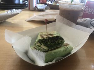 Vegan Fig on a spinach wrap with almond milk latte! I LOOOOVE this cafe, everything we tried was absolutely delicious.  at Ultra Coffeebar in Asheville