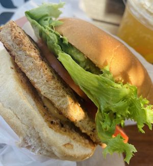 Guacamole burger with vegan chicken  at Plant Power Fast Food - Encinitas in Encinitas