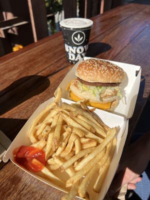 Big Zac burger, fries and Cookies and Cream snow day   at Plant Power Fast Food - Encinitas in Encinitas
