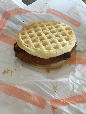 Chicken and waffle sandwich.  at Plant Power Fast Food - Encinitas in Encinitas