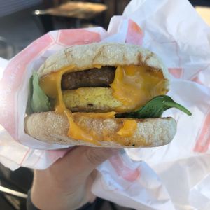 vegan sausage, egg muffin at Plant Power Fast Food - Encinitas in Encinitas
