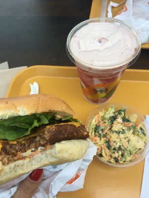 Voodoo burger, Kale slaw, & Strawberry milkshake  at Plant Power Fast Food - Encinitas in Encinitas