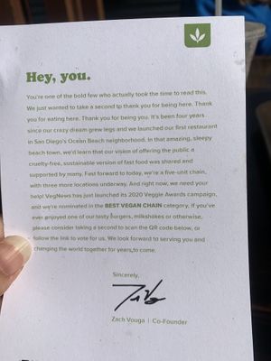 Nice note from the co-founder at Plant Power Fast Food - Encinitas in Encinitas