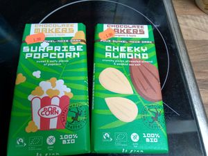 Two Chocolate Makers chocolate bars: 'surprise popcorn' and 'cheeky almond' at Mimint Bio Market in Arnhem