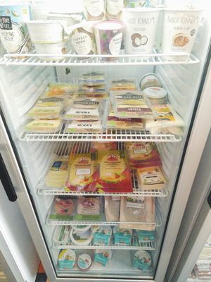 Big offer of vegan cheeses and yoghurts at Mimint Bio Market in Arnhem