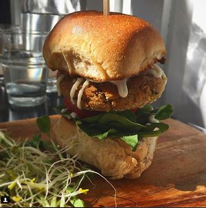 Chickwakame slider. Patty made from crispy quinoa, chickpeas and wakame.  at Gathered Kitchen in Glebe