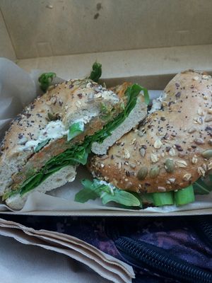 lentil pattie with fresh asparagus at Gathered Kitchen in Glebe
