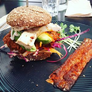 Jackfruit burger with my slice of Vacon :D  at Gathered Kitchen in Glebe