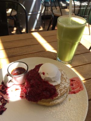 pancakes and a smoothie at Gathered Kitchen in Glebe