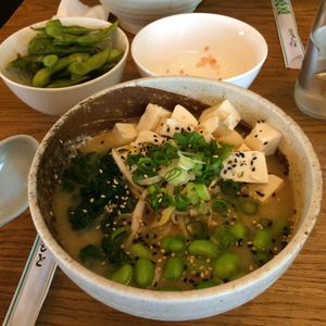 Vegan ramen and edamame. at Umamido Ramen Shop in Sofia
