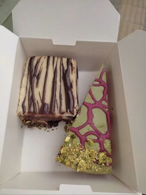 Vegan chocolate lasagna and raspberry matcha cake. The matcha cake is my favourite- it is so yummy !  at Zoya Shop 2 in Sofia