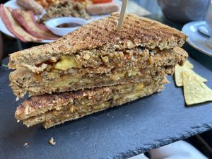 Vegan haggis, cheese and chilli jam  at Mrs Green's in Dumfries