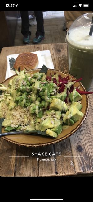 big and filling salad + vegan chocolate croissant + matcha at Shake Cafe - Del Corso in Florence
