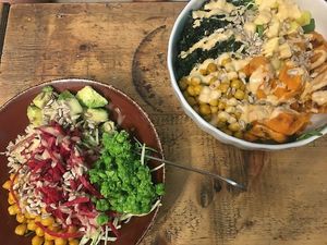 On the left- vegan bowl, on the right- kale spicy salad (both delicious!!) at Shake Cafe - Del Corso in Florence