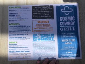 Menu back at Cosmic Cowboy Grill in Coeur D Alene