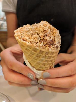 Mmmmmm chocolate waffle cone with toasted coconut topping.  at Roho Bure in South Fremantle