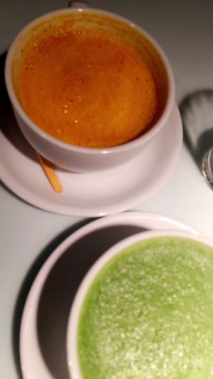 Tumeric latte (orange) and matcha latte at Sticks N Sushi in Rungsted